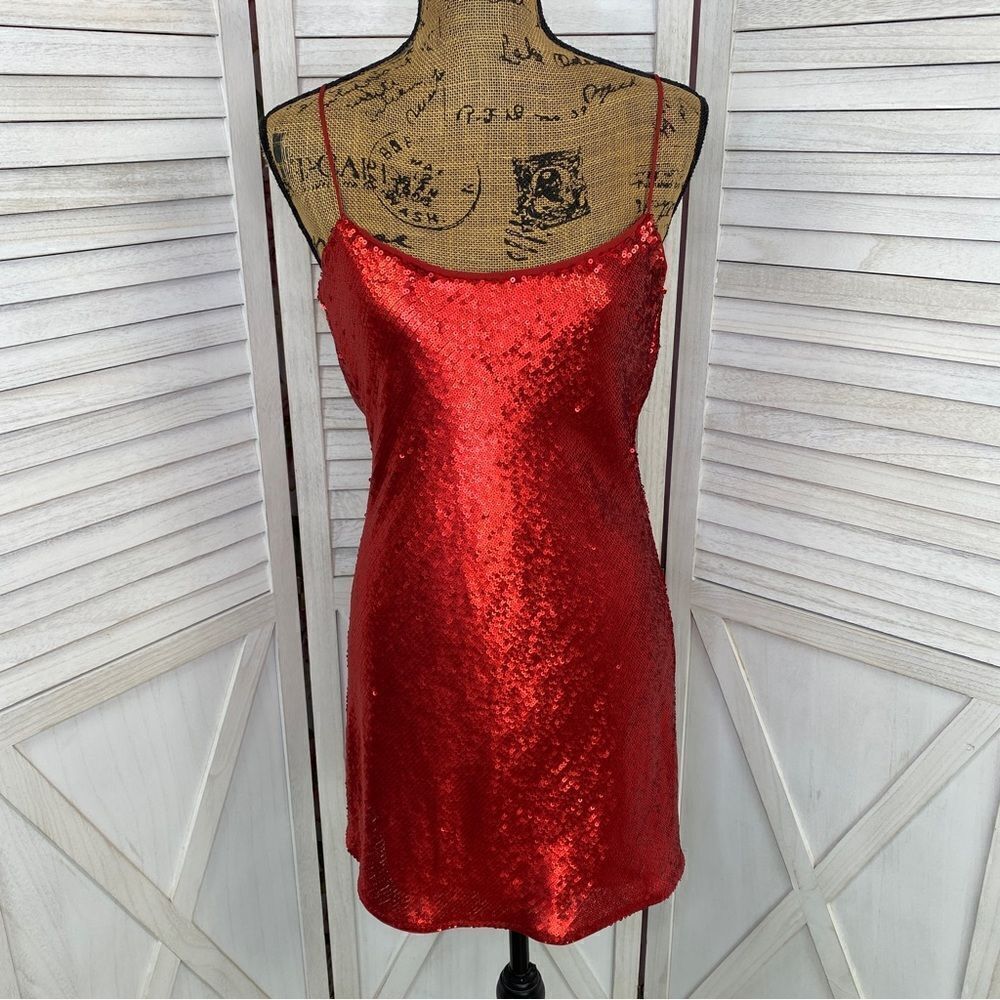 Zara Sequin Cowl Back Cocktail Mini Slip Dress Red Small